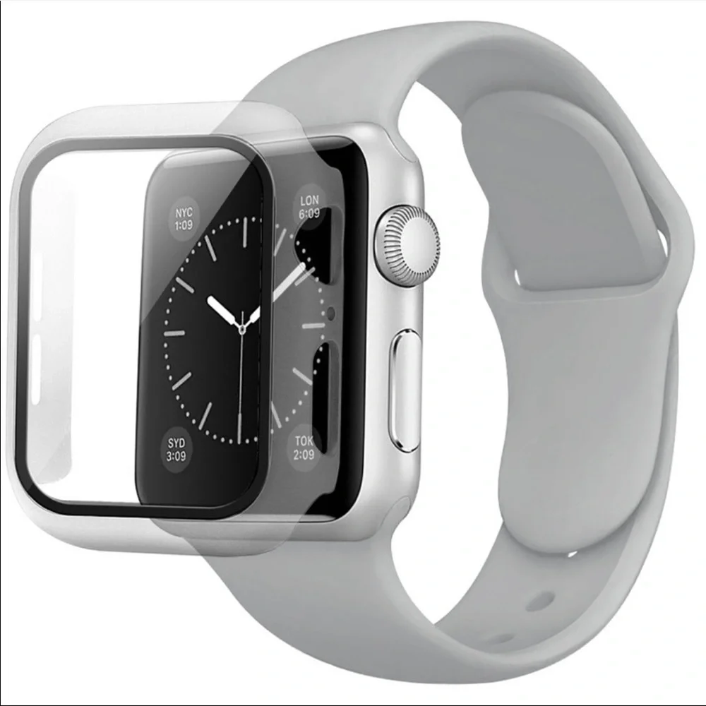 Grey silicone band and screen protector for Apple Watch. 40mm